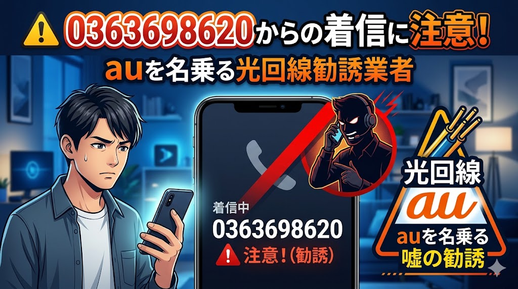 0363698620からの着信に注意！auを名乗る光回線勧誘業者