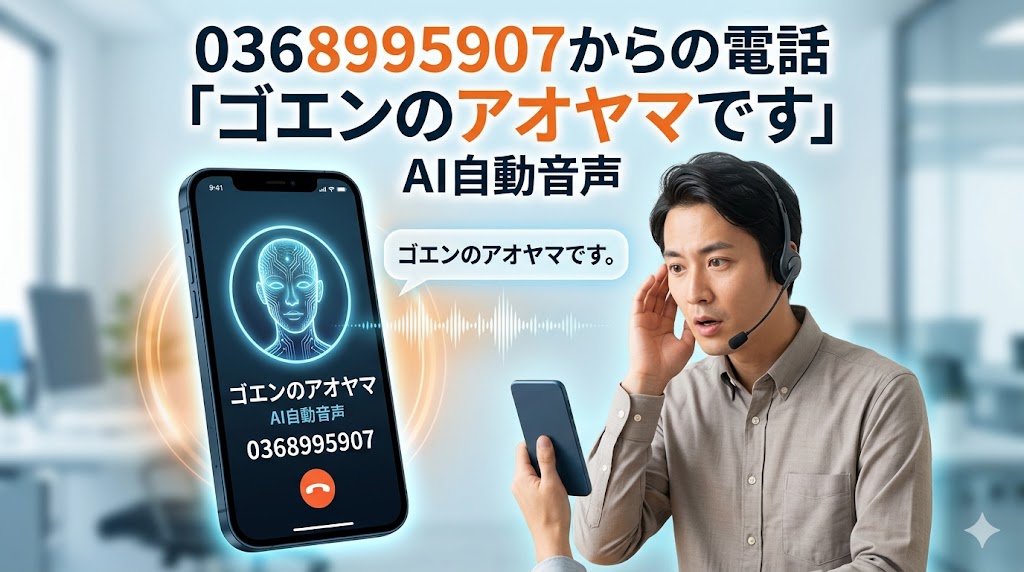 0368995907からの電話「ゴエンのアオヤマです」AI自動音声