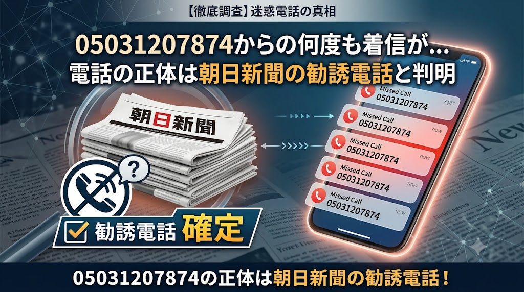 05031207874から何度も着信が…電話の正体は朝日新聞の勧誘電話と判明