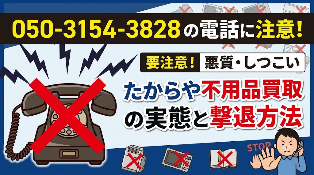 05031543828の電話に注意!たからや不用品買取の実態と撃退方法