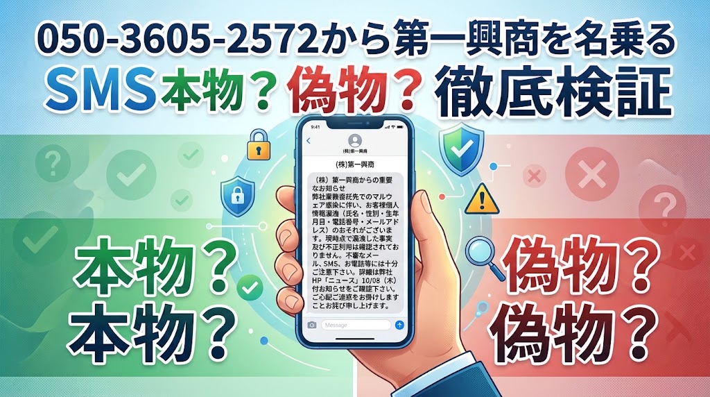 05036052572から第一興商を名乗るSMSが届いた！本物か偽物か